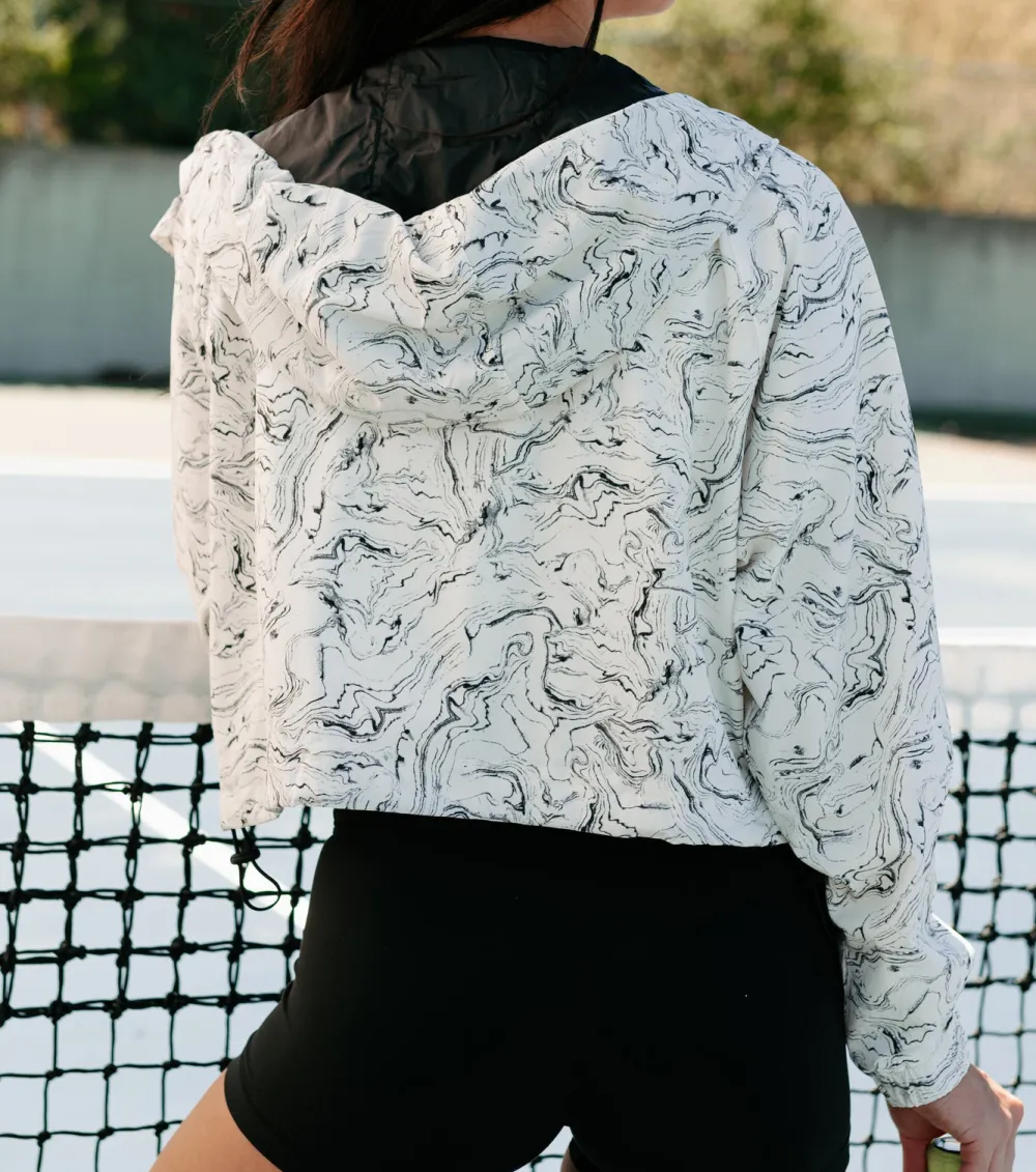 Drawstring Hood Marble Print Active Jacket