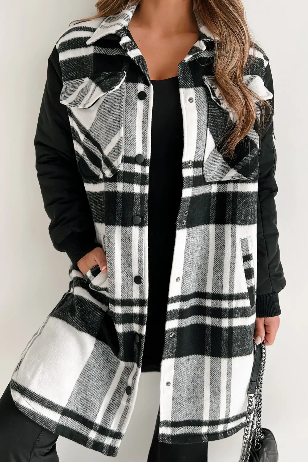 Knee Length Casual Quilted Sleeve Plaid Coat