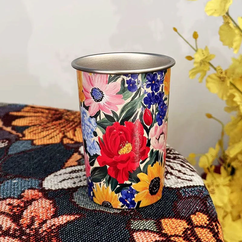 Retro Floral Stainless Steel Water Cup: Safe & Durable Material