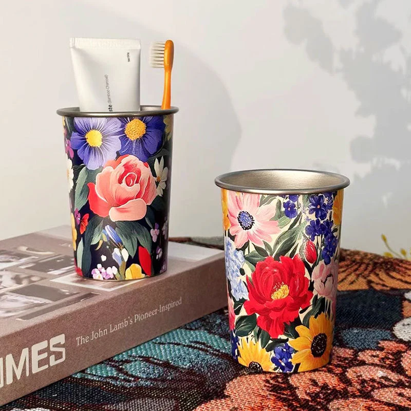 Retro Floral Stainless Steel Water Cup: Safe & Durable Material