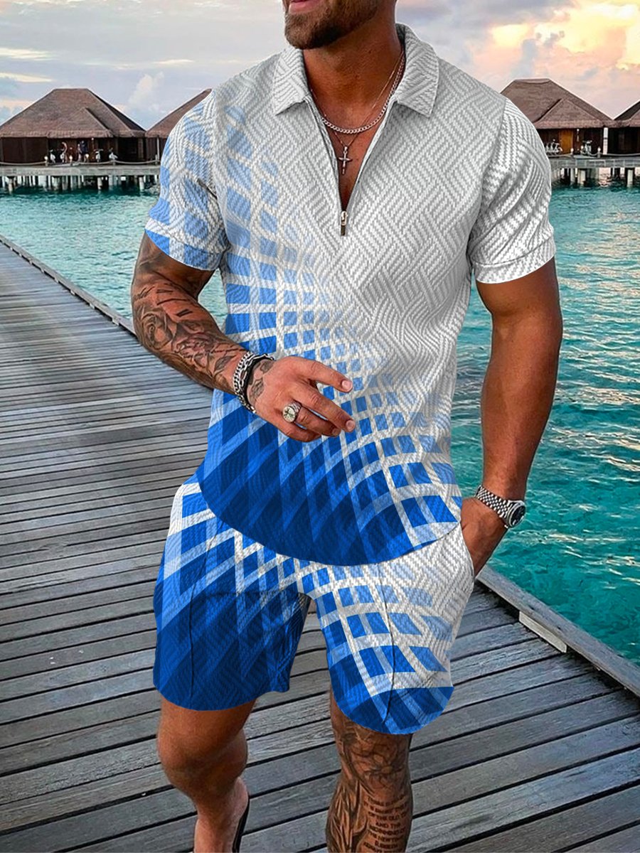 Men's Casual Lower Blue Patterned Polo Suit