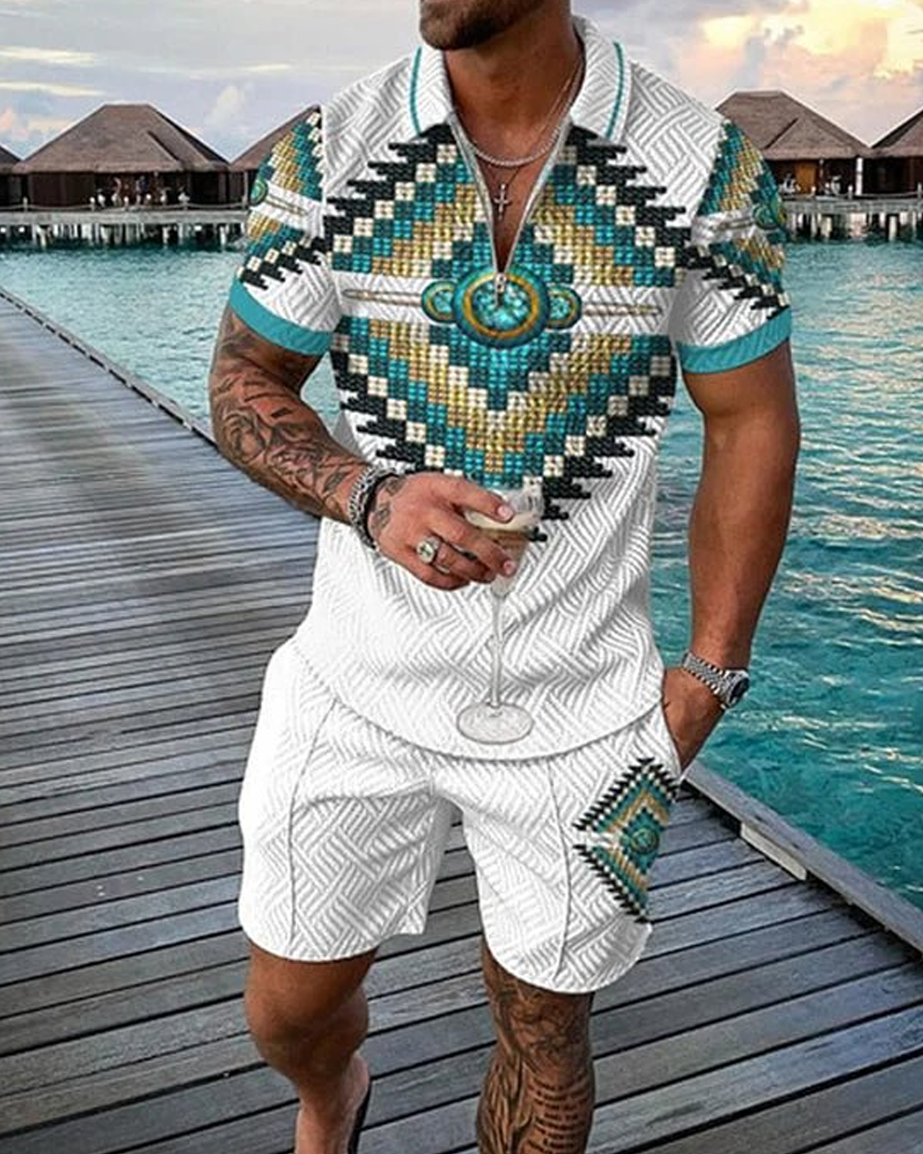 Native American Beadwork Polo Shirt And Shorts Co-Ord