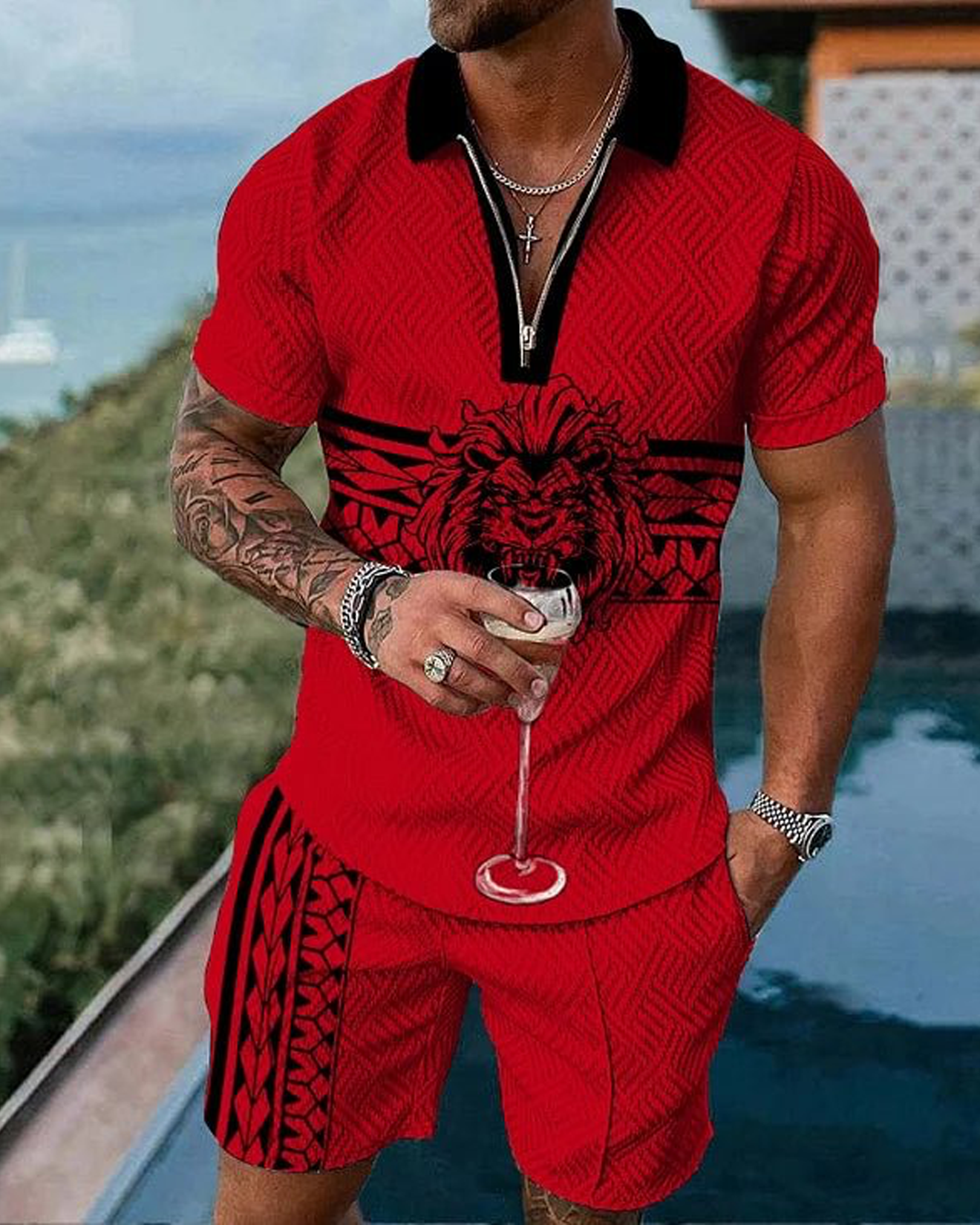 Lion Arc Red Polo Shirt And Shorts Co-Ord