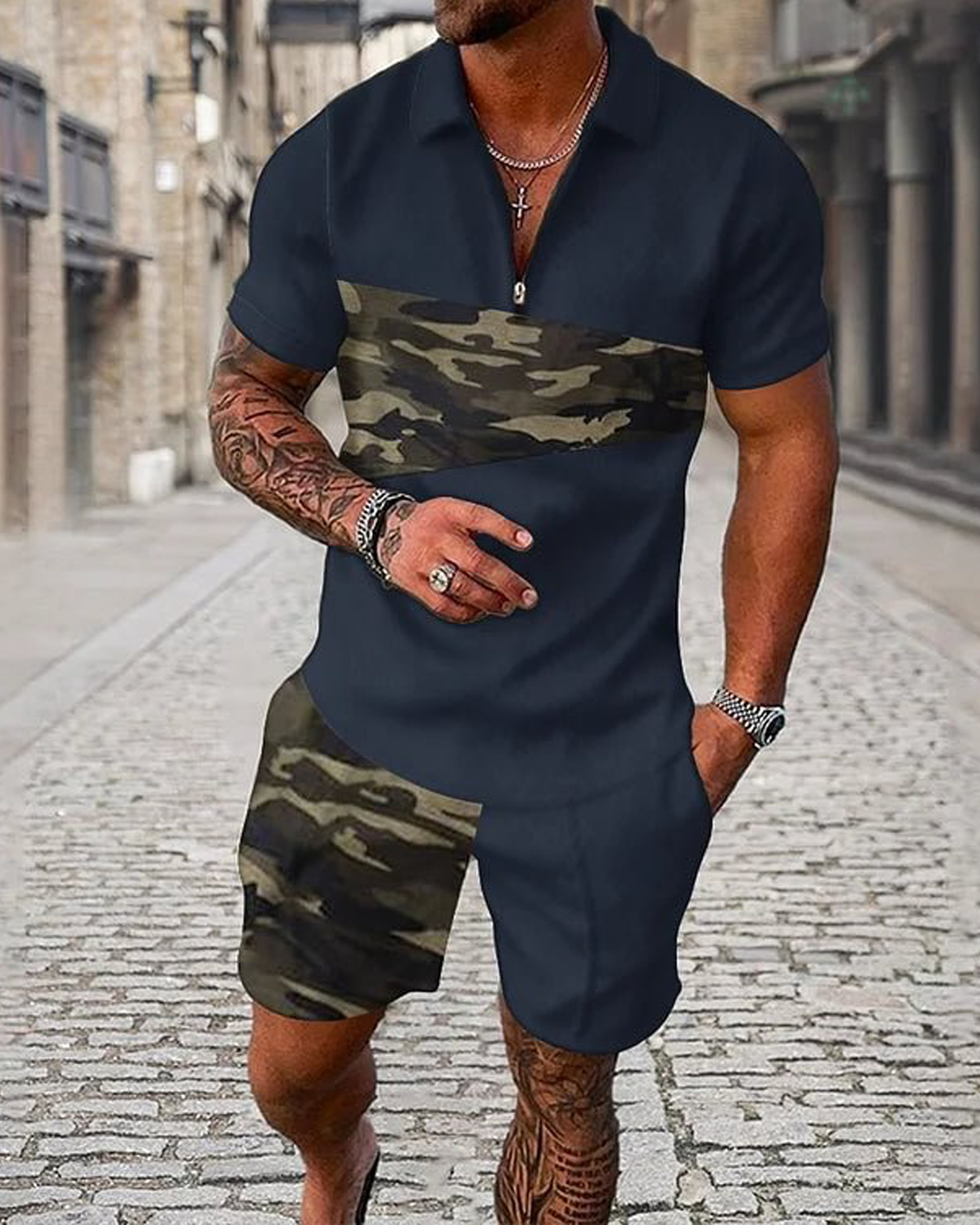 Camouflage Navy Blue Polo Shirt And Shorts Co-Ord
