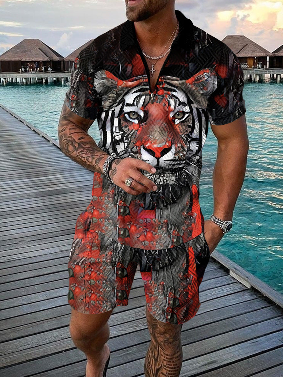 Men's Casual Tiger Drip Dark Polo Suit