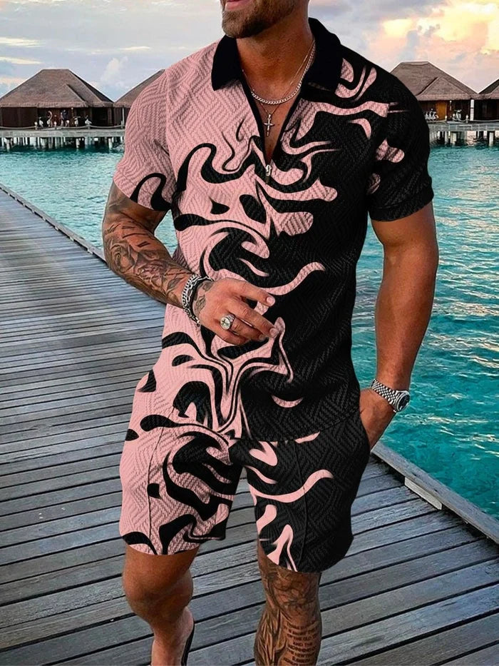 Men's Casual Pink/Black Printed Polo Suit