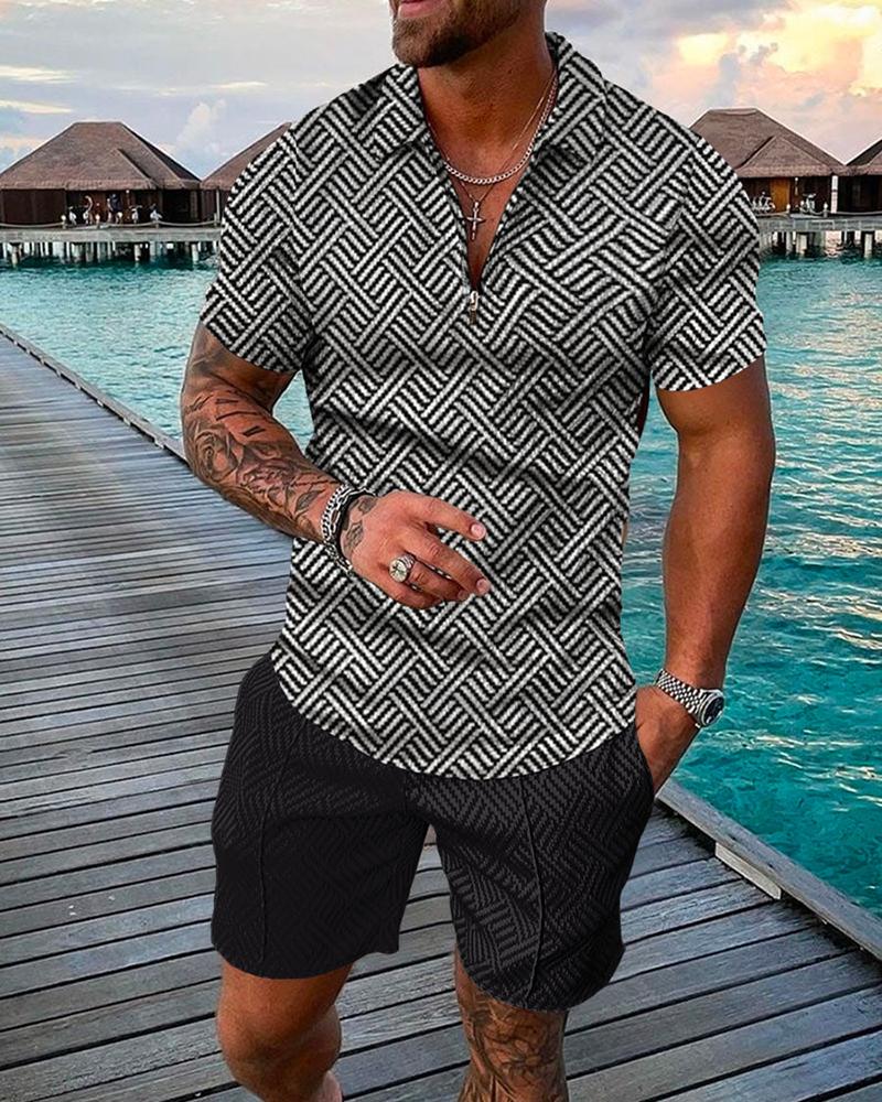 Men's Casual Woven Patterned Polo Suit