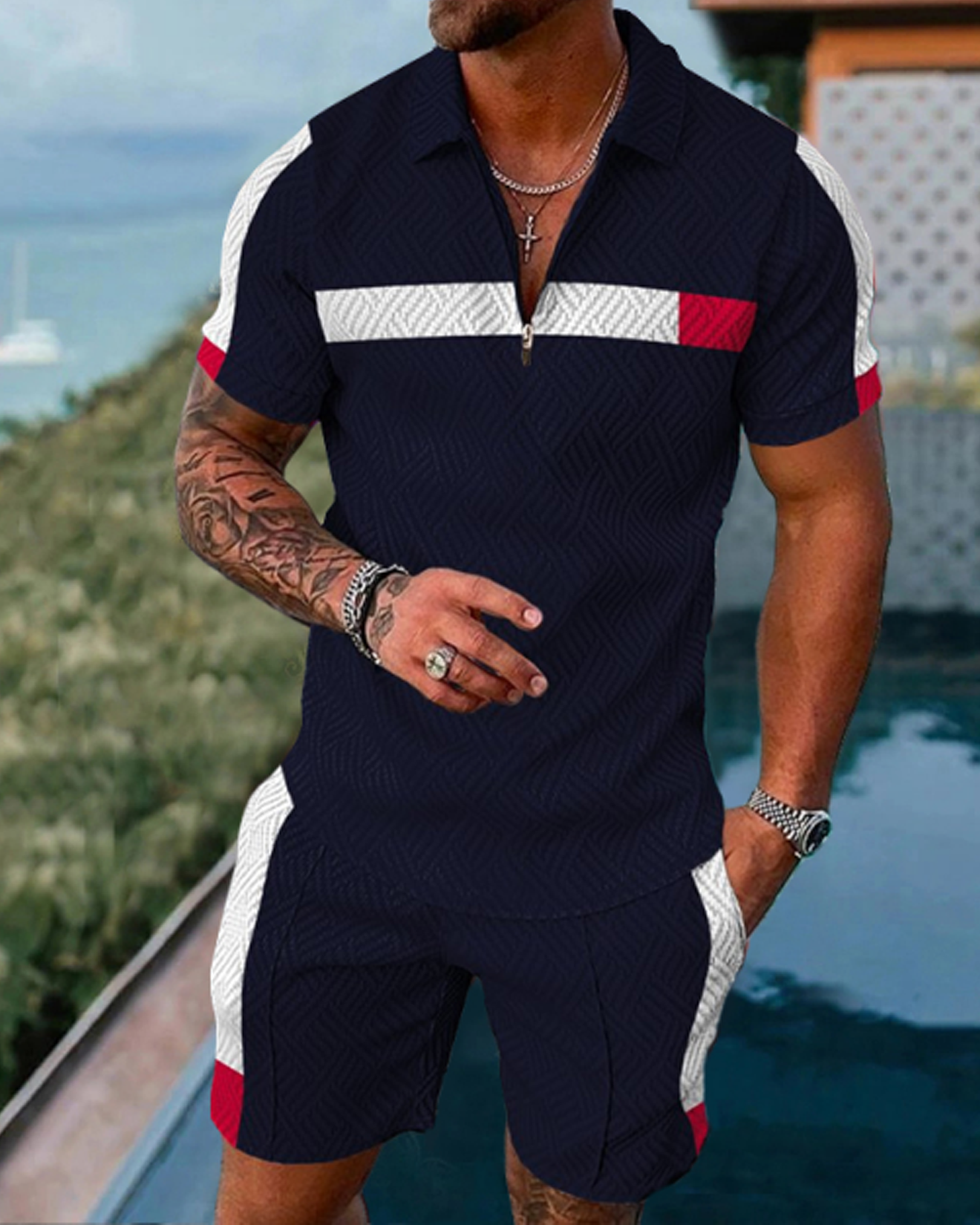 Men's Casual Thrift Pattern Printed Polo Suit