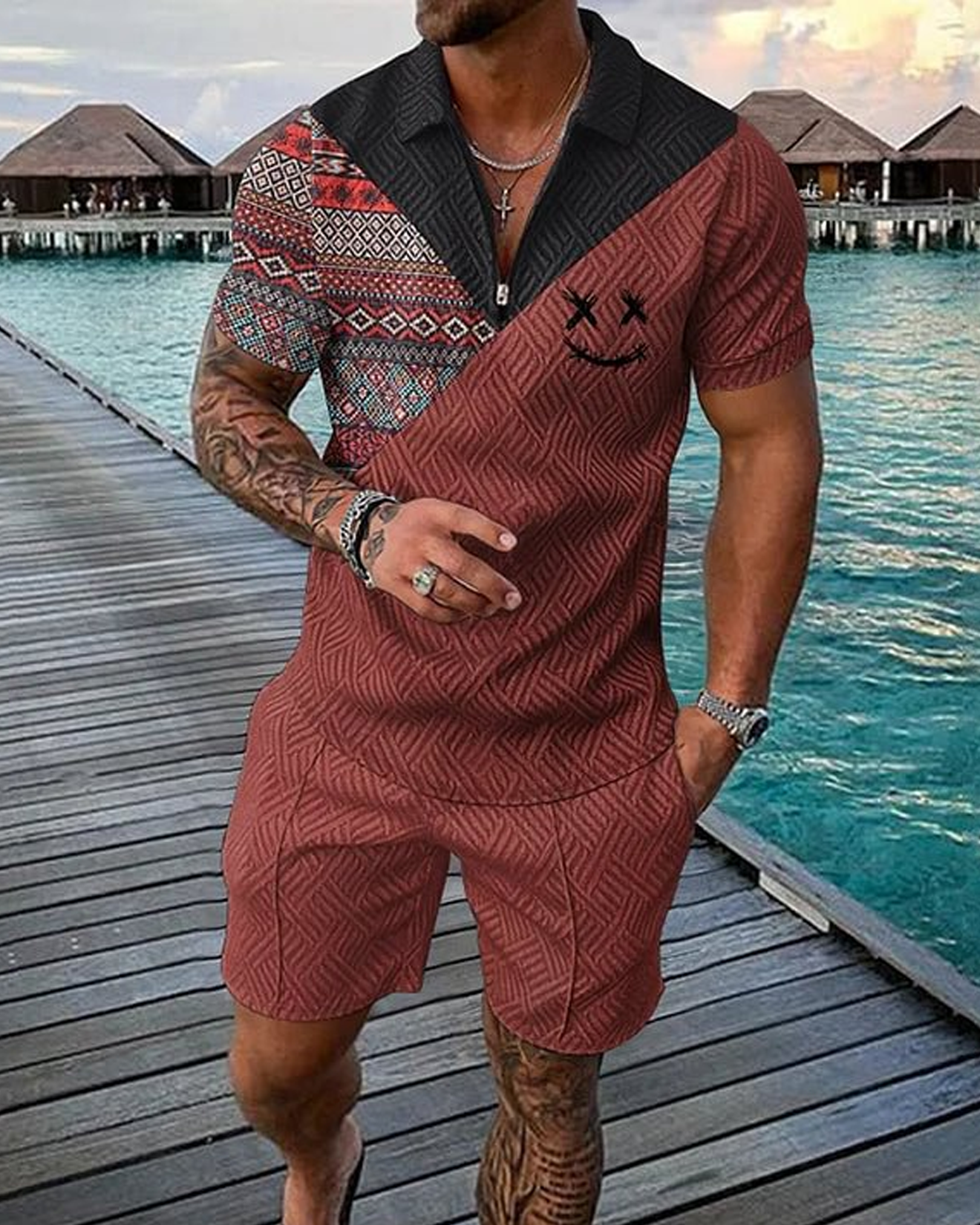 Geometric & Smile Face Print Patchwork Short Sleeve Polo Shirt And Shorts Co-Ord