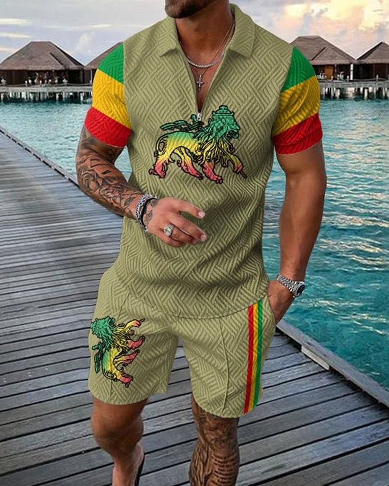 Juneteenth Colors Rasta Lion Polo Shirt And Shorts Co-Ord
