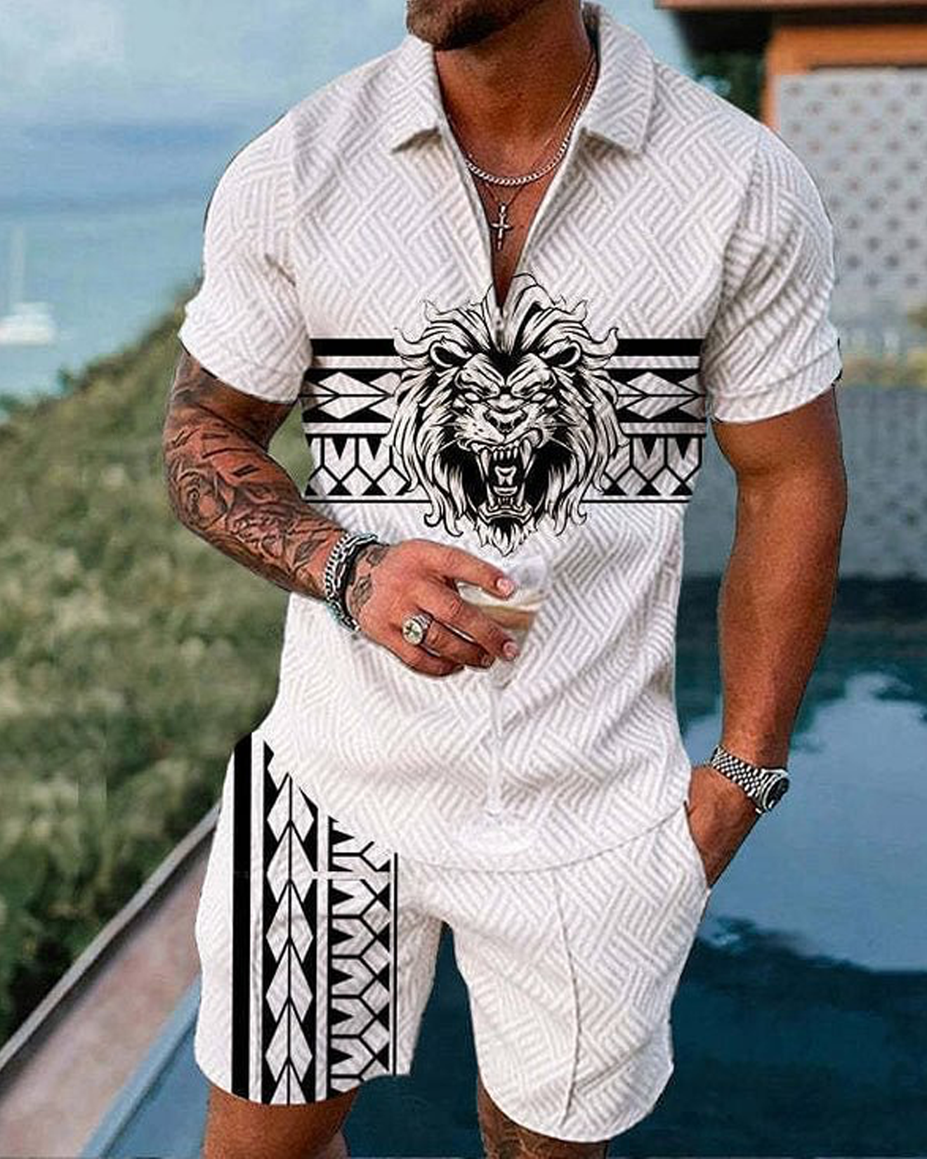 Lion Arc White Polo Shirt And Shorts Co-Ord