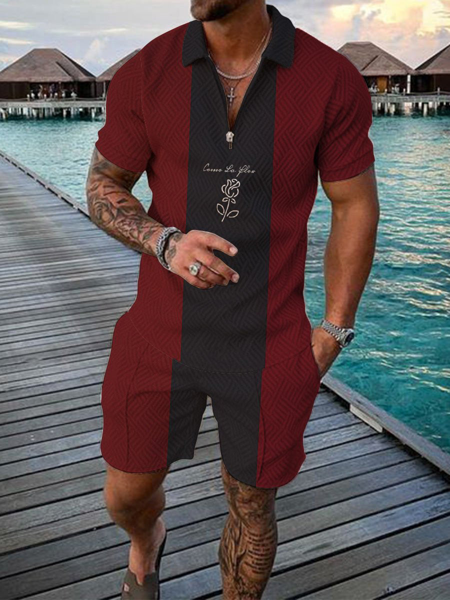 Men's Casual Rose Pattern Printed Polo Suit