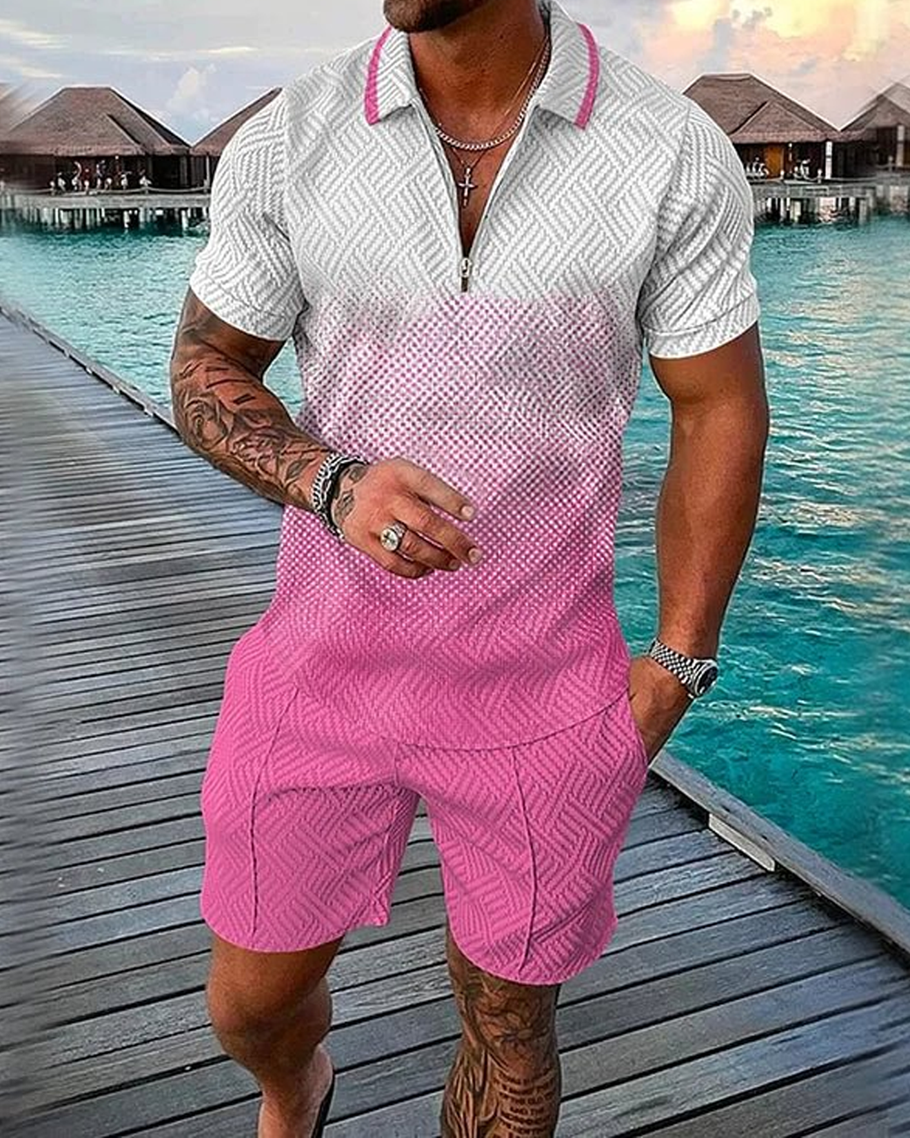 Fashion Gradient Men's Casual Short Sleeve Polo Shirt Set