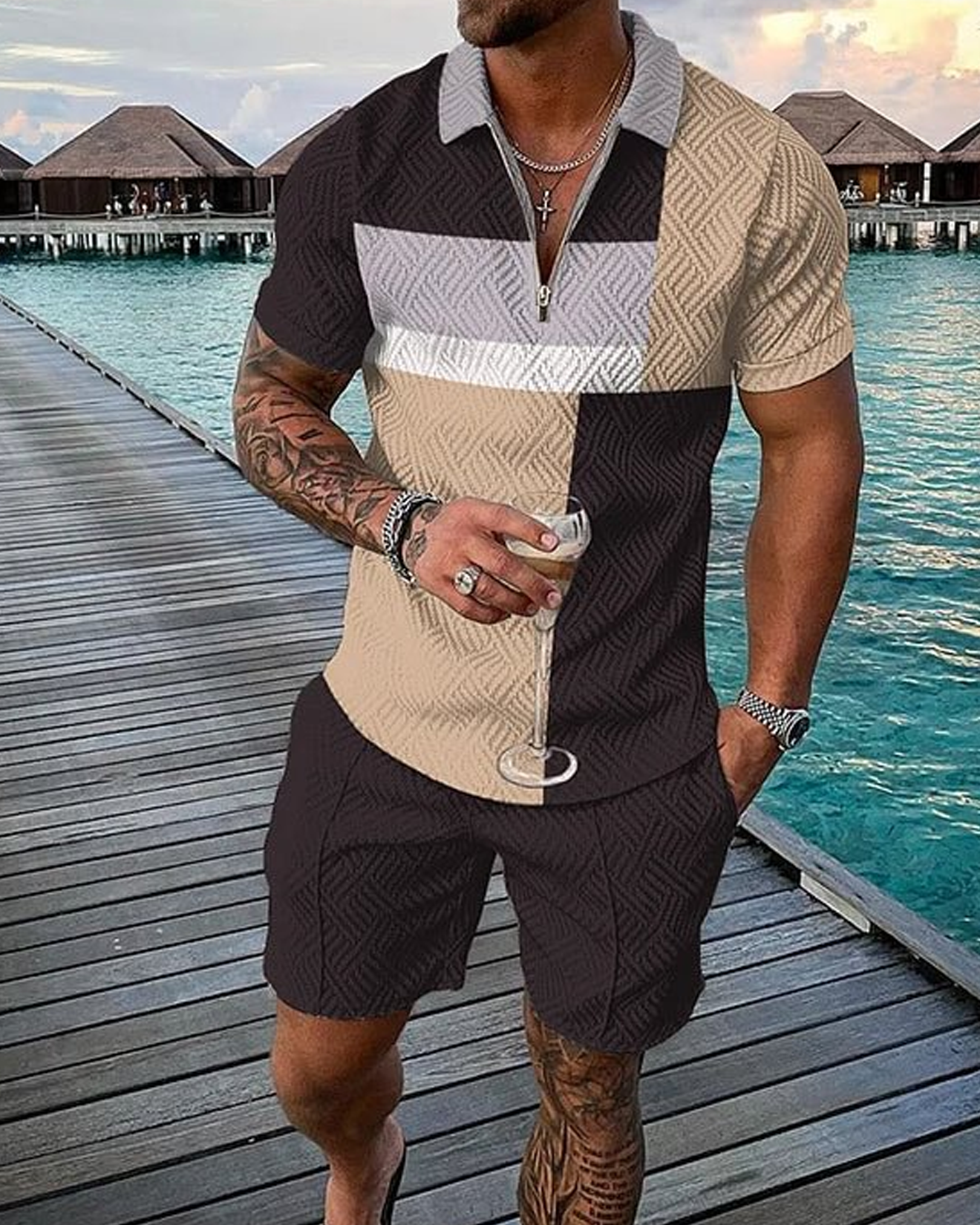 Irregular Color Block Splicing Polo Shirt And Shorts Co-Ord