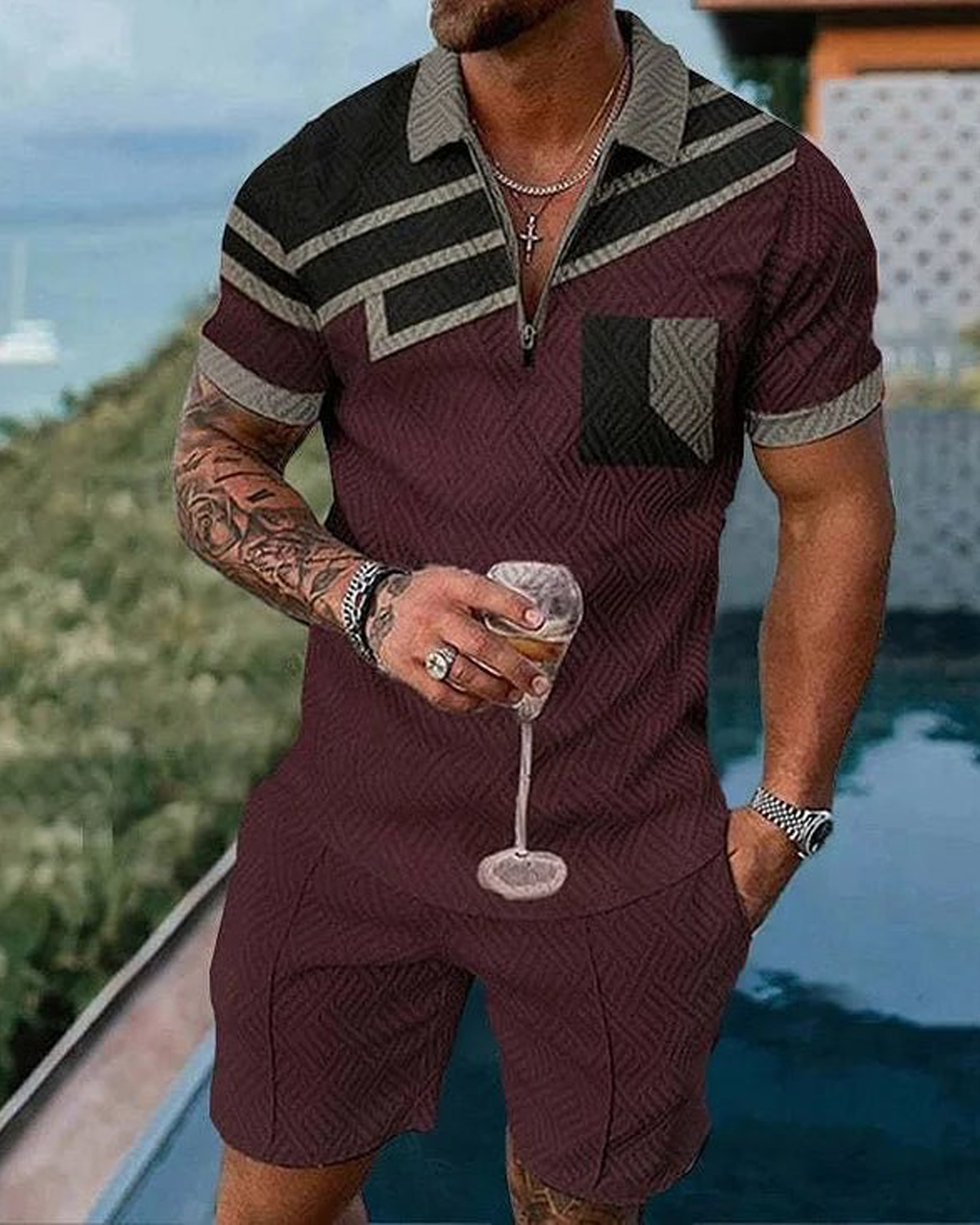 Men's Patchwork Casual Short Sleeve Polo Shirt And Short Co-Ord