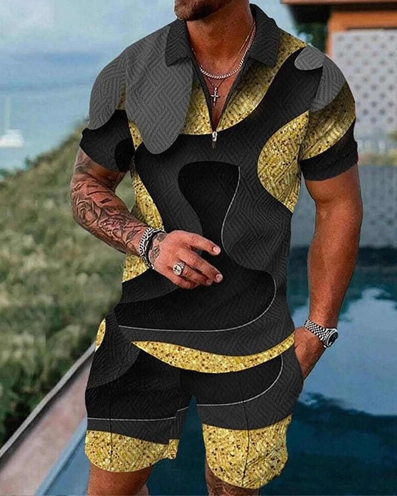 Golden Glitter Pattern Print Short Sleeve Polo Shirt And Shorts Co-Ord