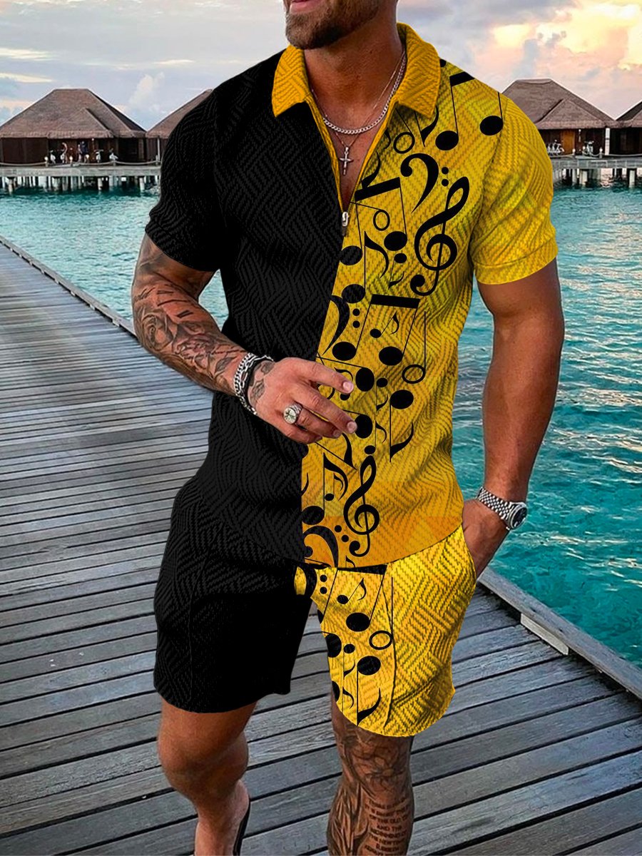 Men's Casual Yellow on Black Rhythmical Polo Suit