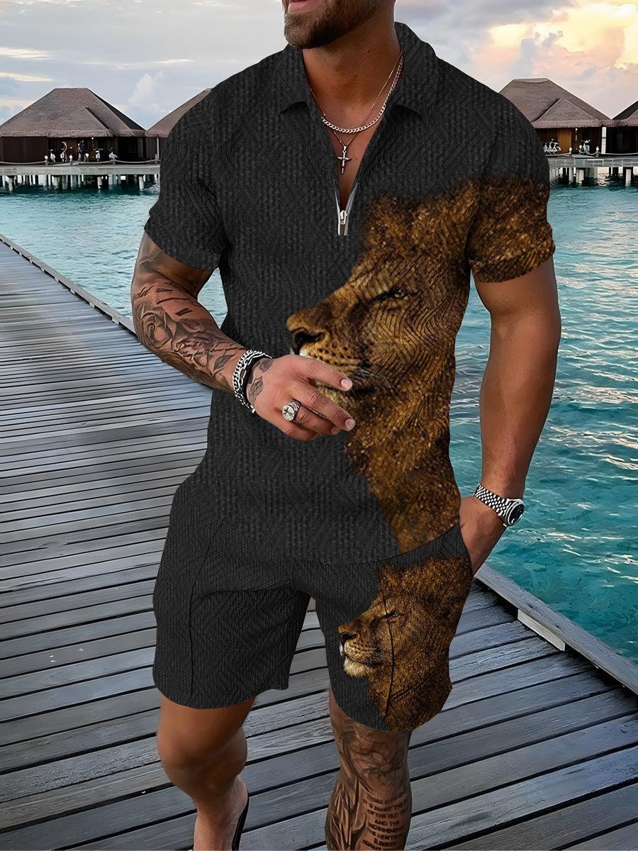Men's Casual Lion Pattern Printed Polo Suit