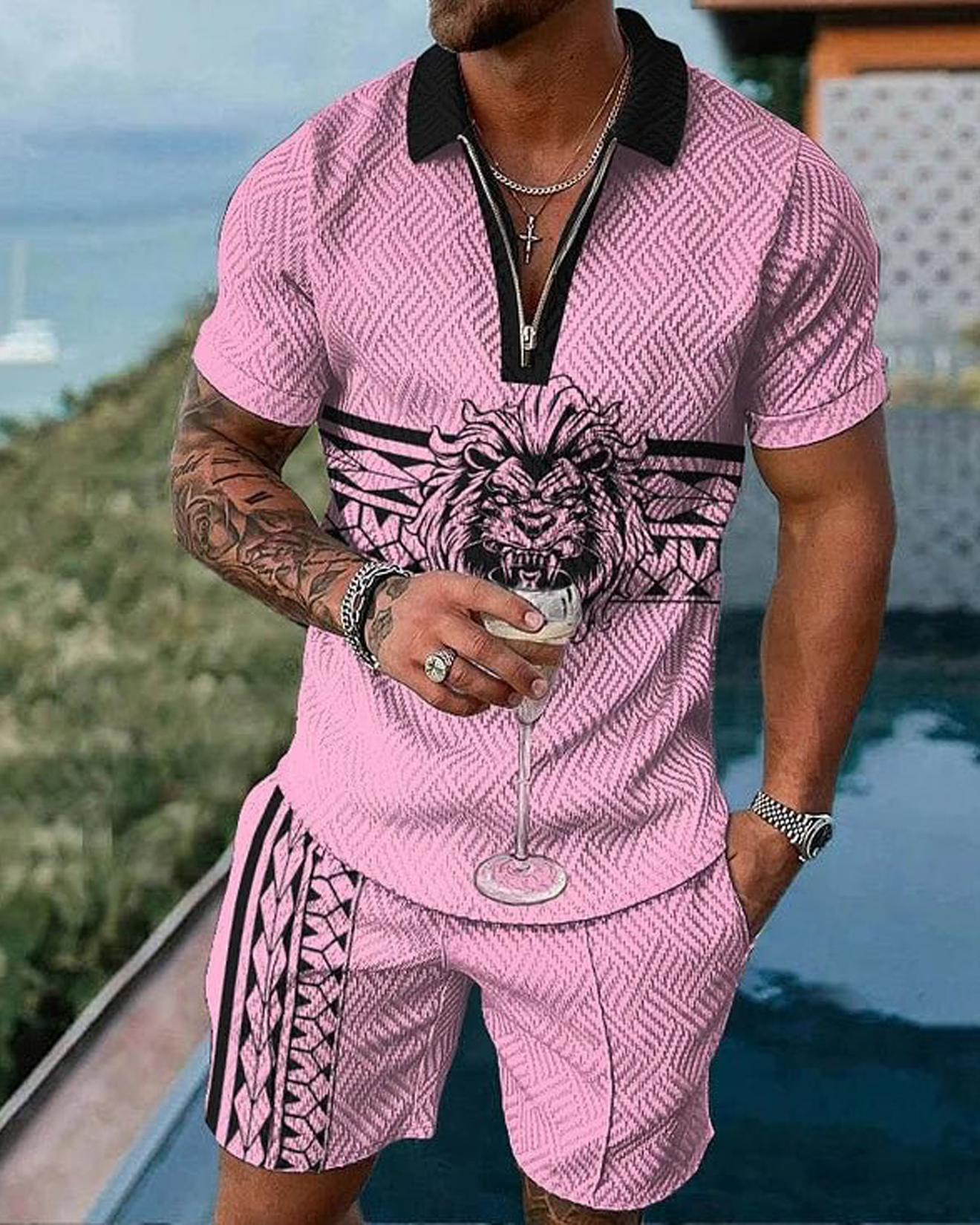 Lion Arc Pink Polo Shirt And Shorts Co-Ord