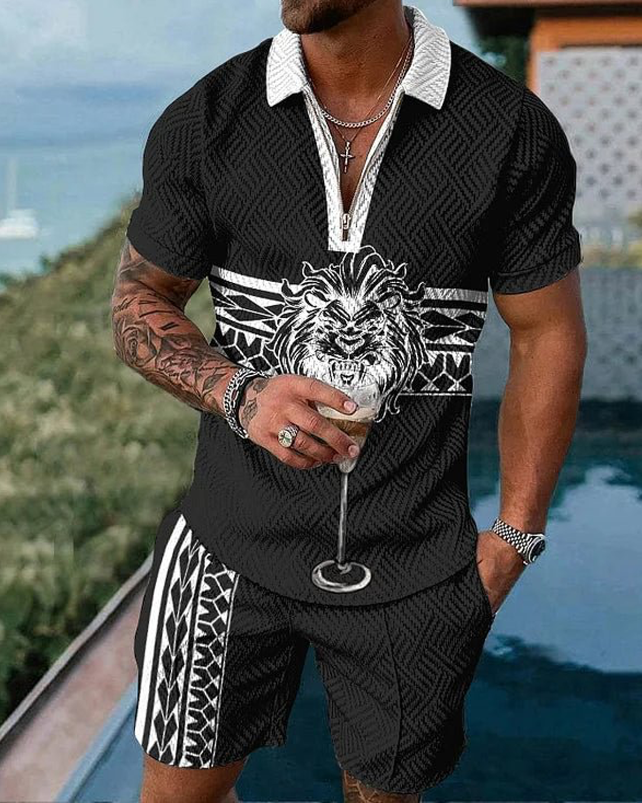 Lion Arc Black Polo Shirt And Shorts Co-Ord