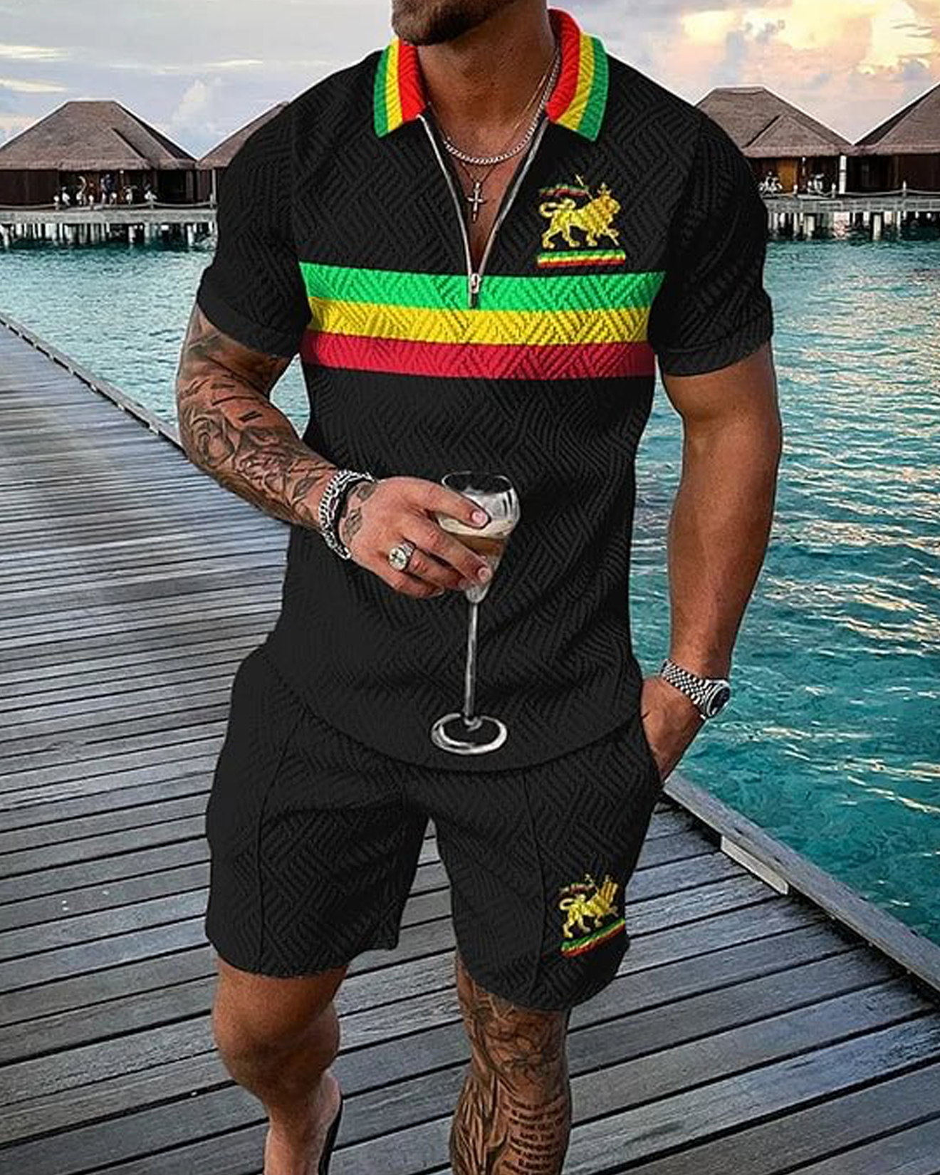 Juneteenth Stripes Rasta Lion Polo Shirt And Shorts Co-Ord