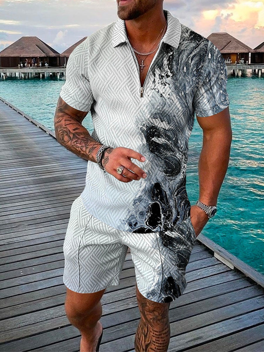 Men's Casual Black Splash Pattern Printed Polo Suit