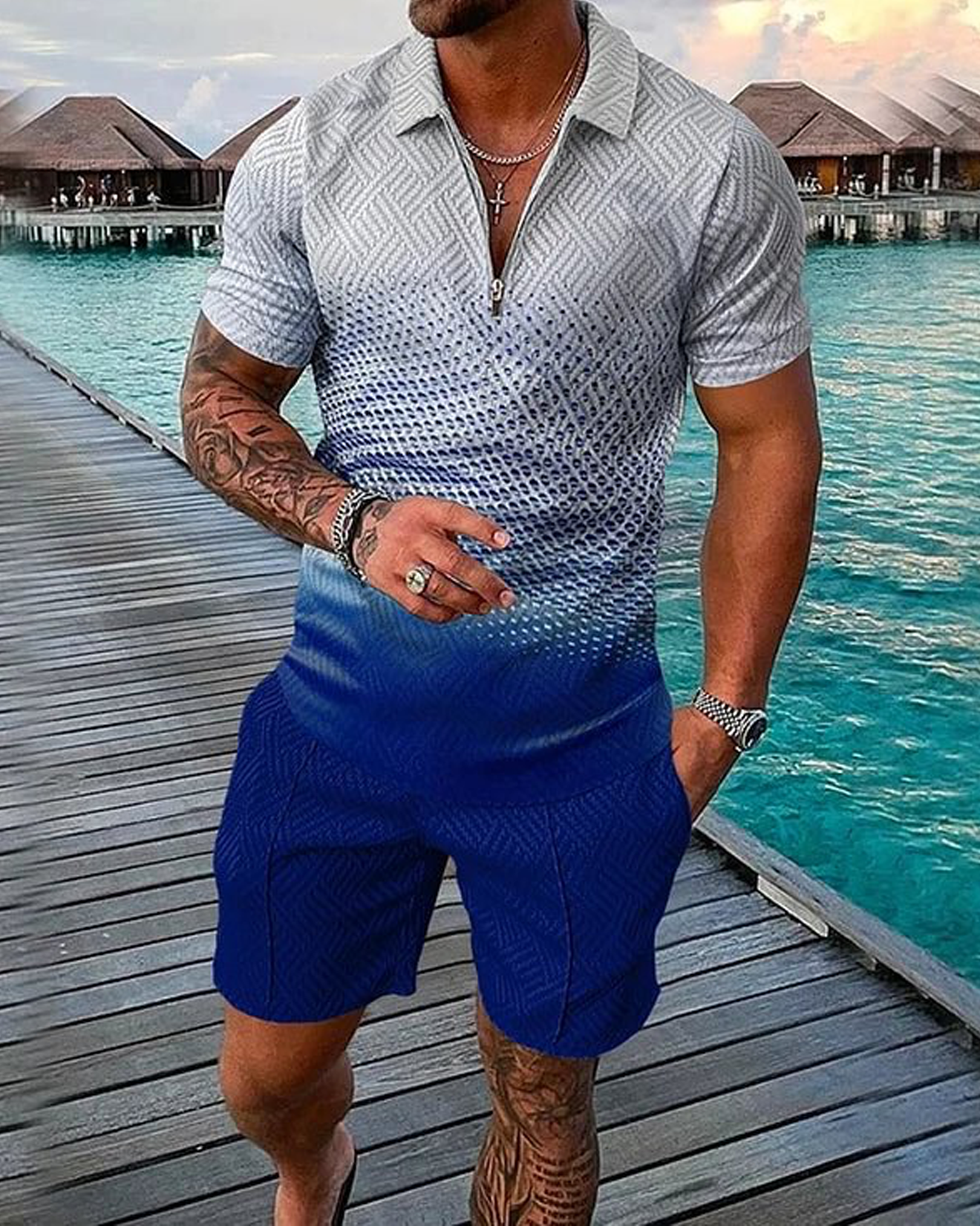 Fashion Gradient Men's Casual Short Sleeve Polo Shirt Set