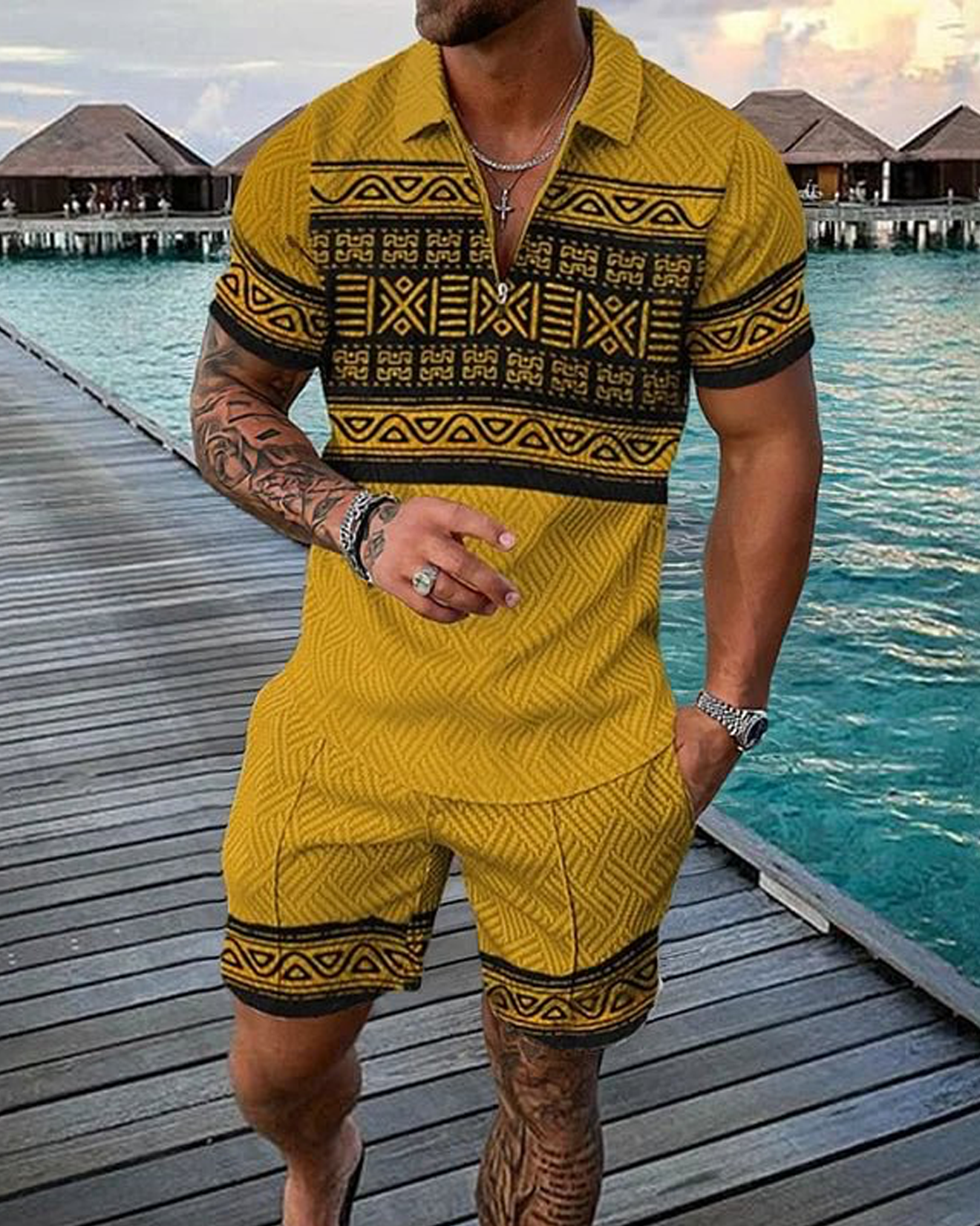 Golden Sundaze Polo Shirt And Shorts Co-Ord