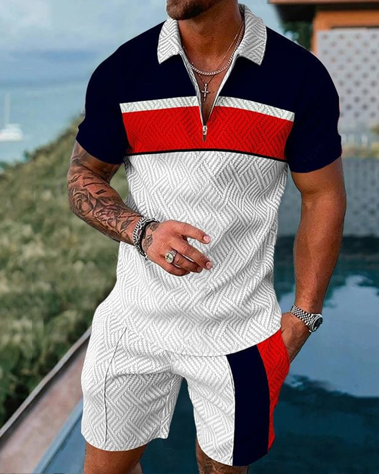 Men's Casual Cool Thrift Pattern Printed Polo Suit