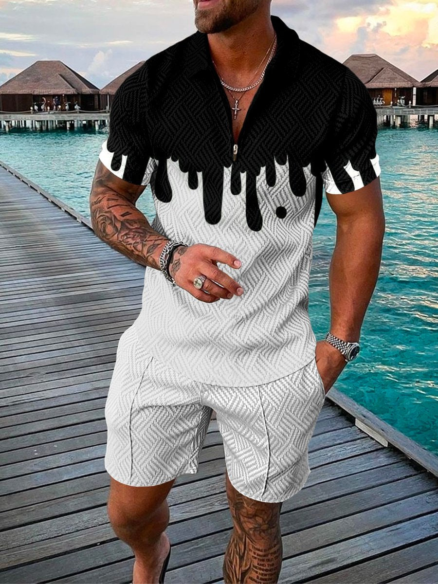 Men's Casual Black Paint Pattern Printed Polo Suit