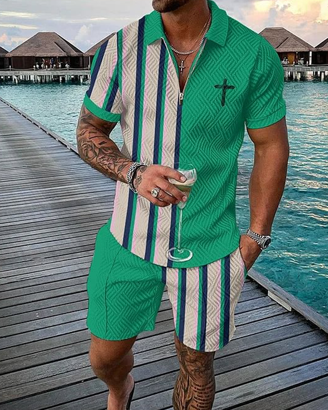 Green Striped Cross Polo Shirt And Shorts Co-Ord