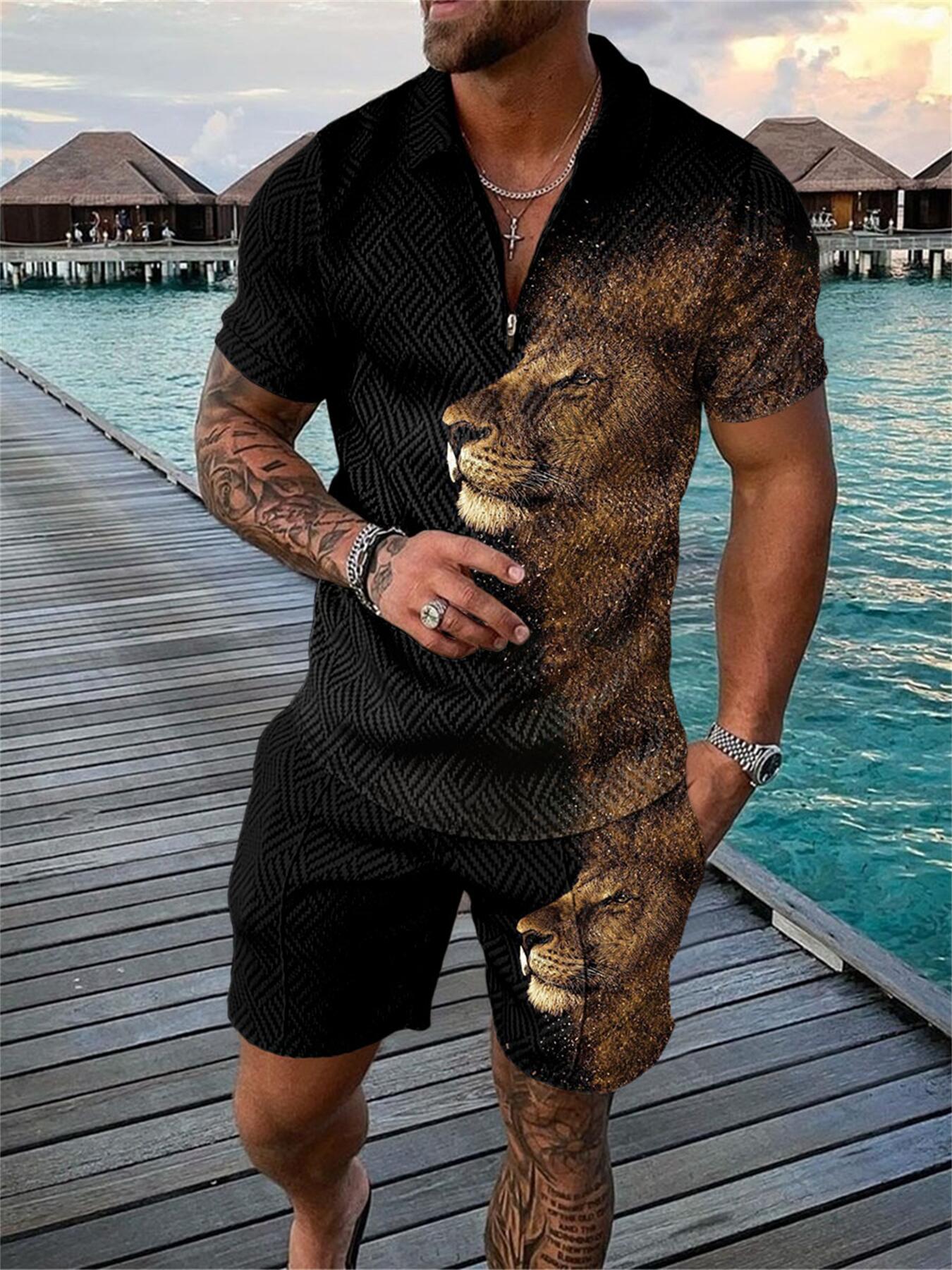 Men's Casual Lion Fade Pattern Printed Polo Suit