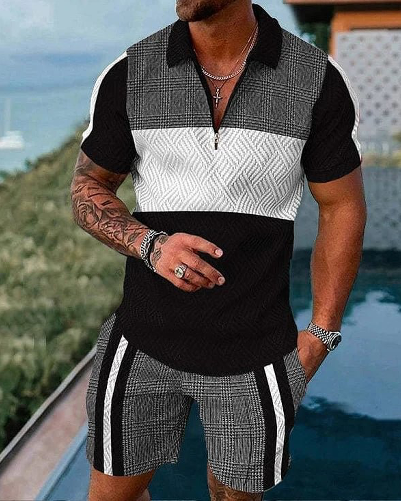 Men's Patchwork Casual Short Sleeve Polo Shirt And Short Co-Ord