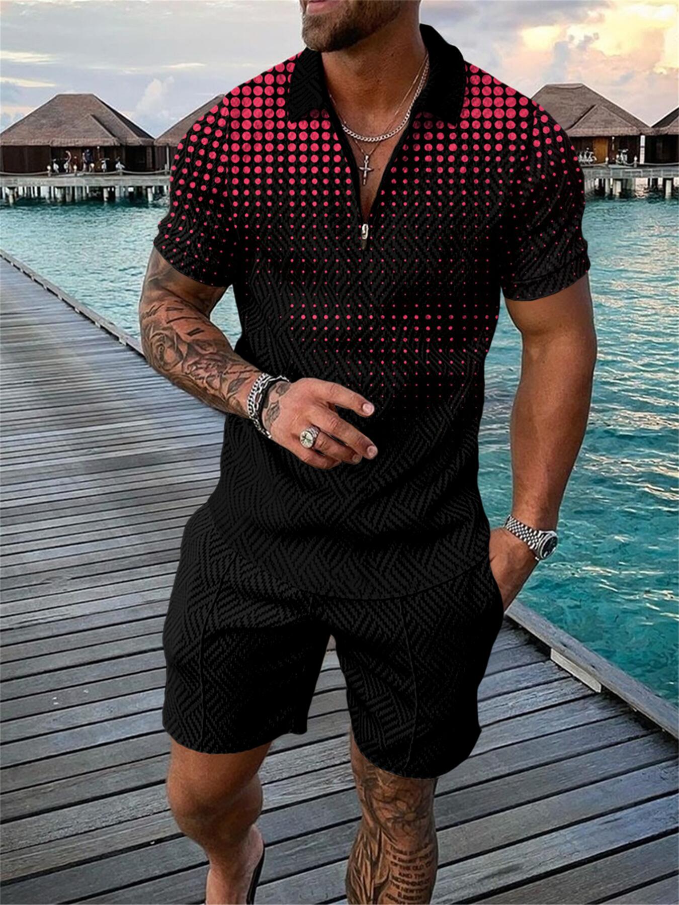 Men's Casual Pink Pattern Printed Polo Suit