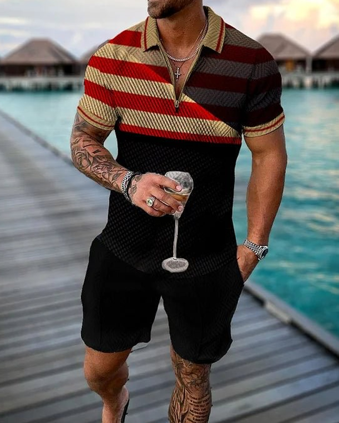 Shadow Stripes Polo Shirt And Shorts Co-Ord