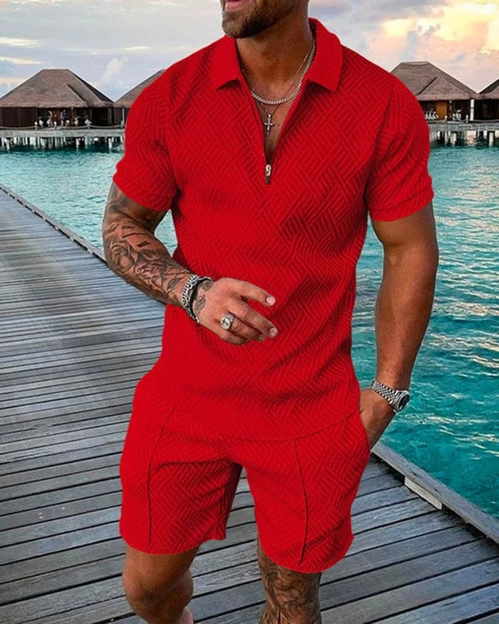 Red Holiday Polo Shirt And Shorts Co-Ord