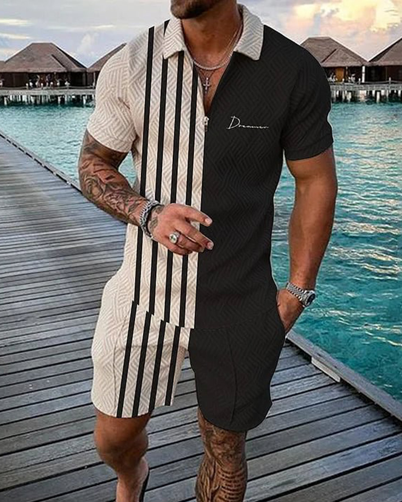 Black Stripes Duval Polo Shirt And Shorts Co-Ord