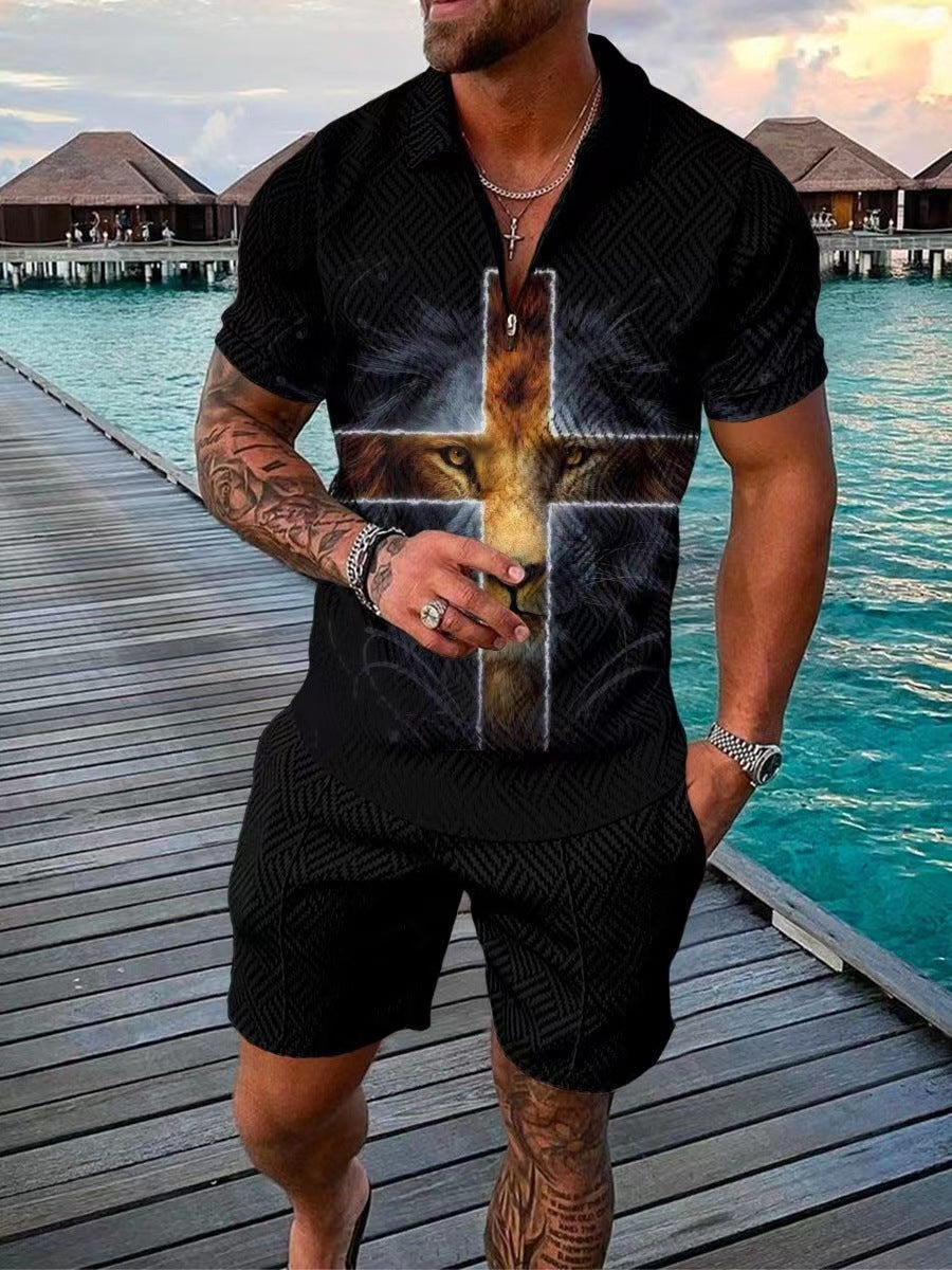 Men's Casual Lion Cross Christian Polo Suit