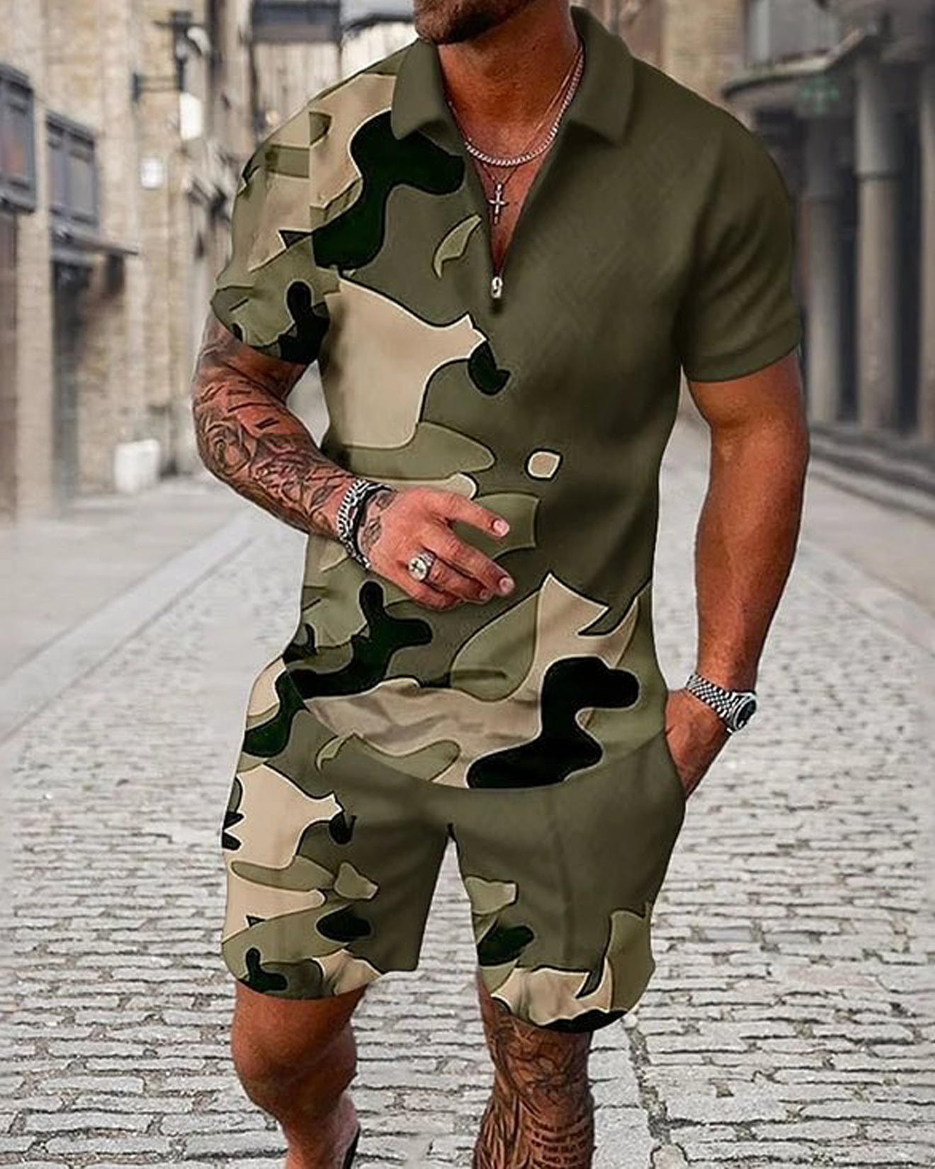 Camouflage Army Green Elite Polo Shirt And Shorts Co-Ord