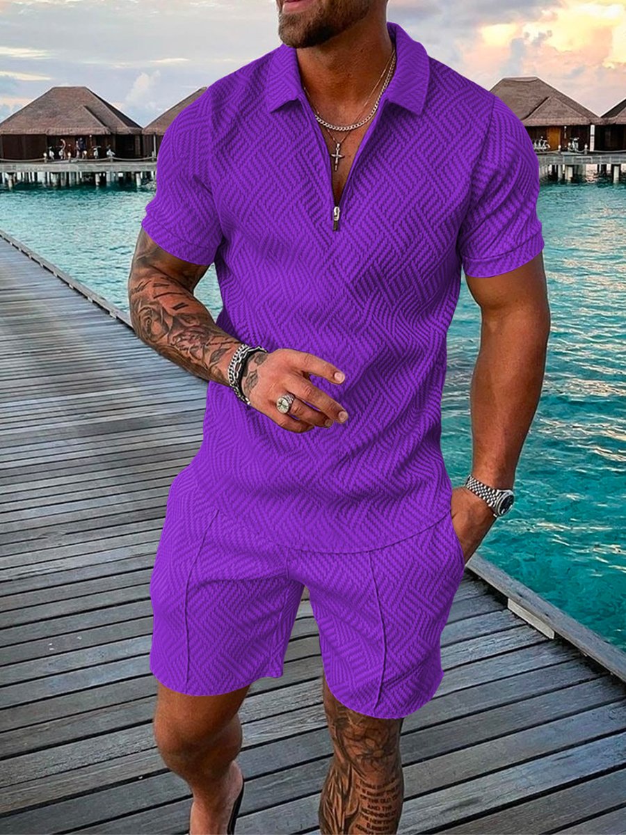 Casual Purple Patterned Polo Suit
