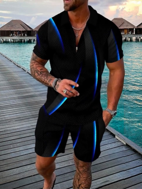 Men's Casual Blue Universe Printed Polo Suit