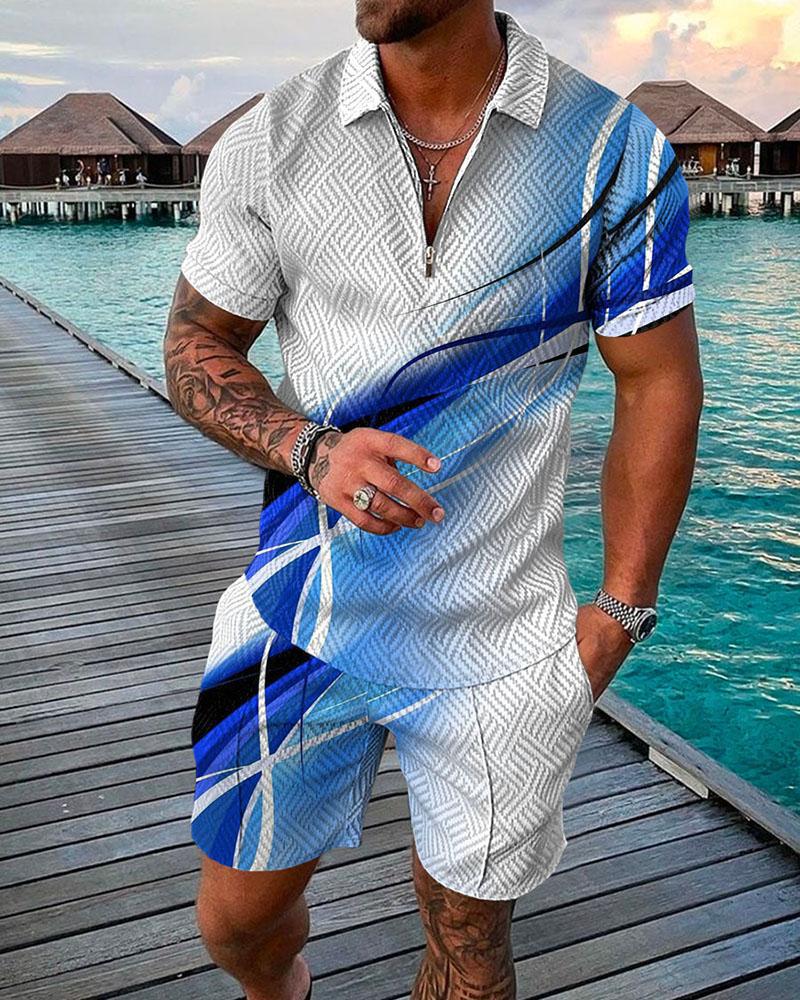 Men's Casual Blue Neon Patterns Polo Suit