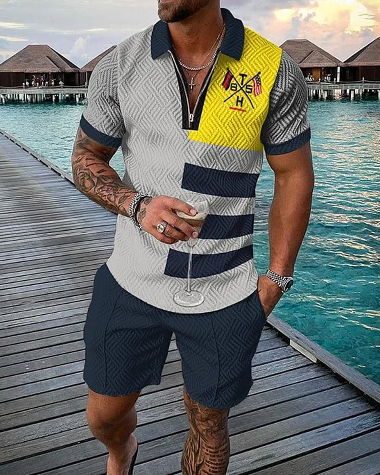 Flag Stripe Stitching Casual Polo Shirt And Shorts Co-Ord