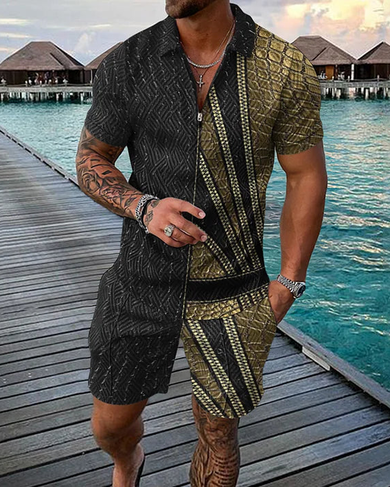 Fashion Asymmetry Print Polo Shirt And Shorts Co-Ord