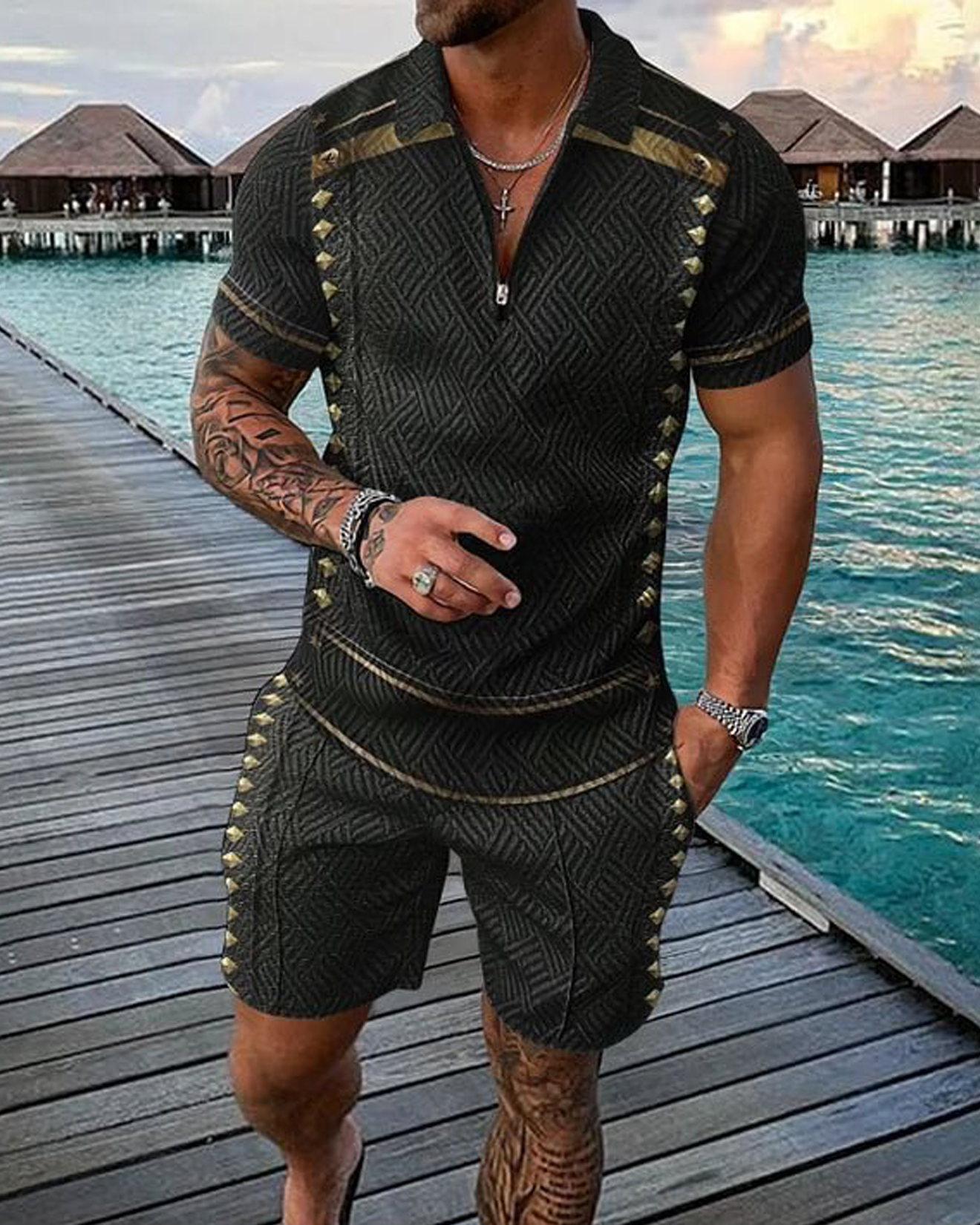 Retro Black Print Polo Shirt And Shorts Co-Ord