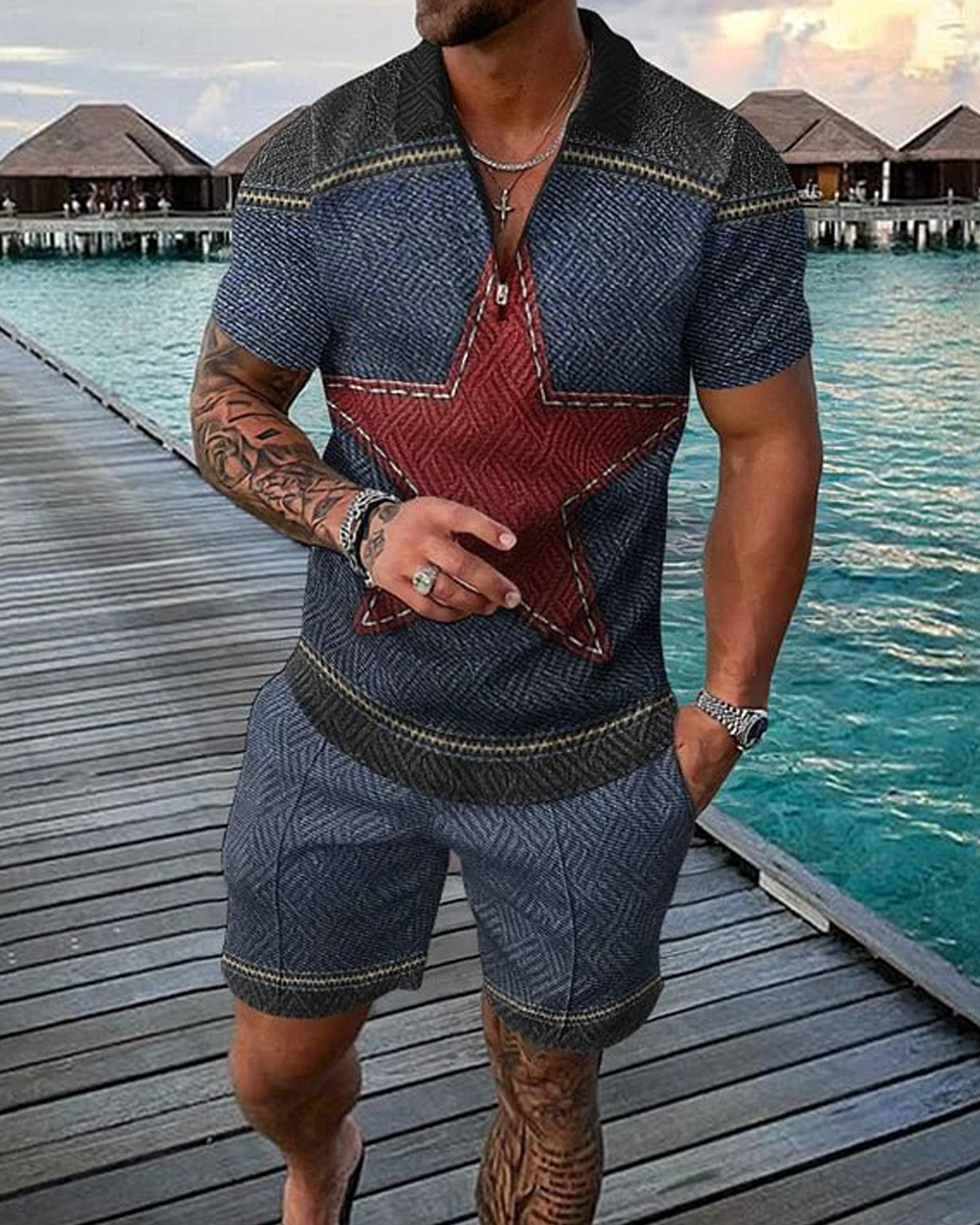 Colorblock Star Print Polo Shirt And Shorts Co-Ord