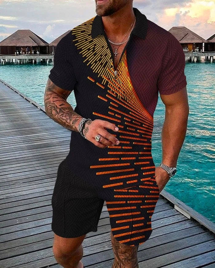 Men's Casual Orange Pattern Printed Polo Suit