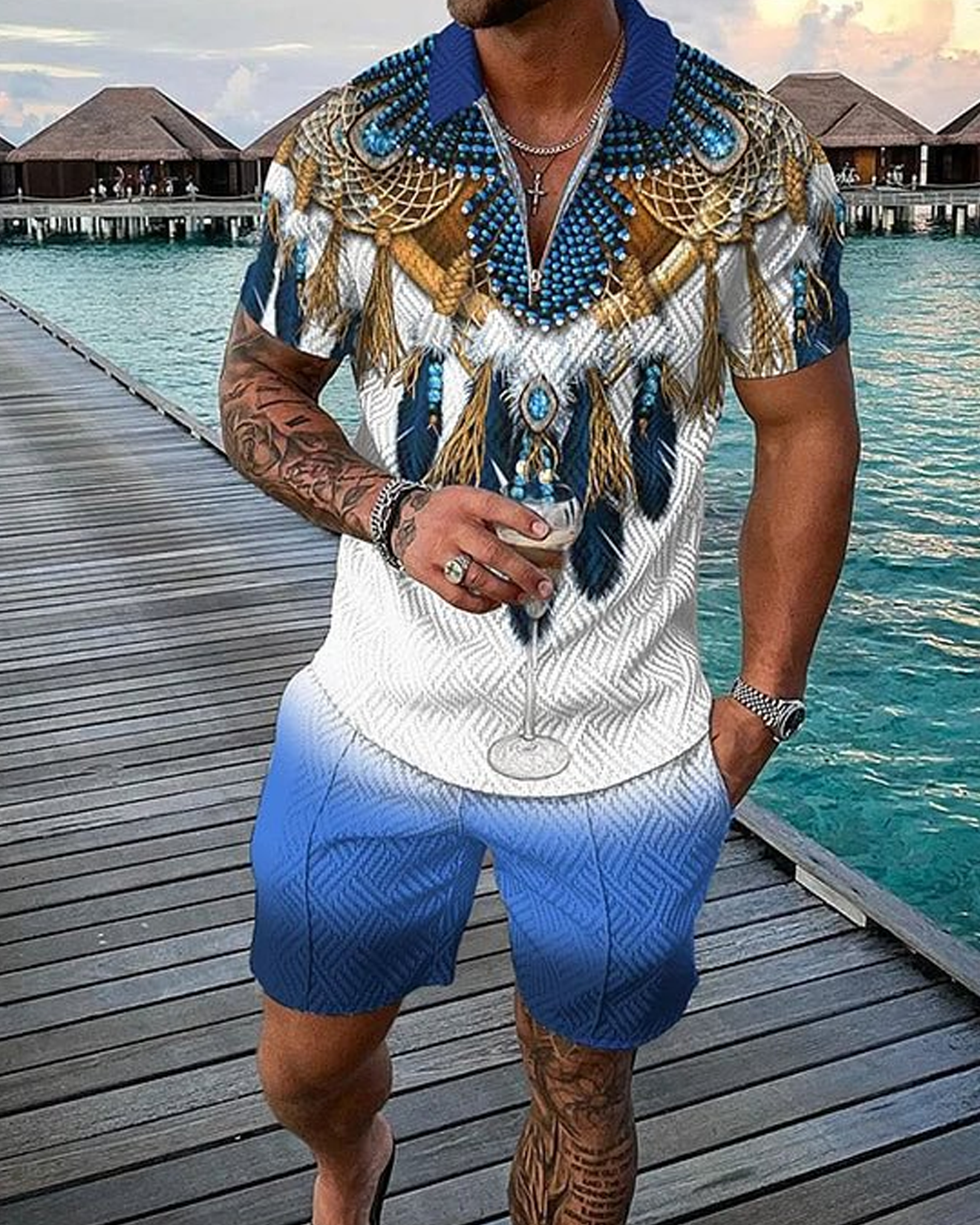 Native American Steller's Jay Polo Shirt And Shorts Co-Ord