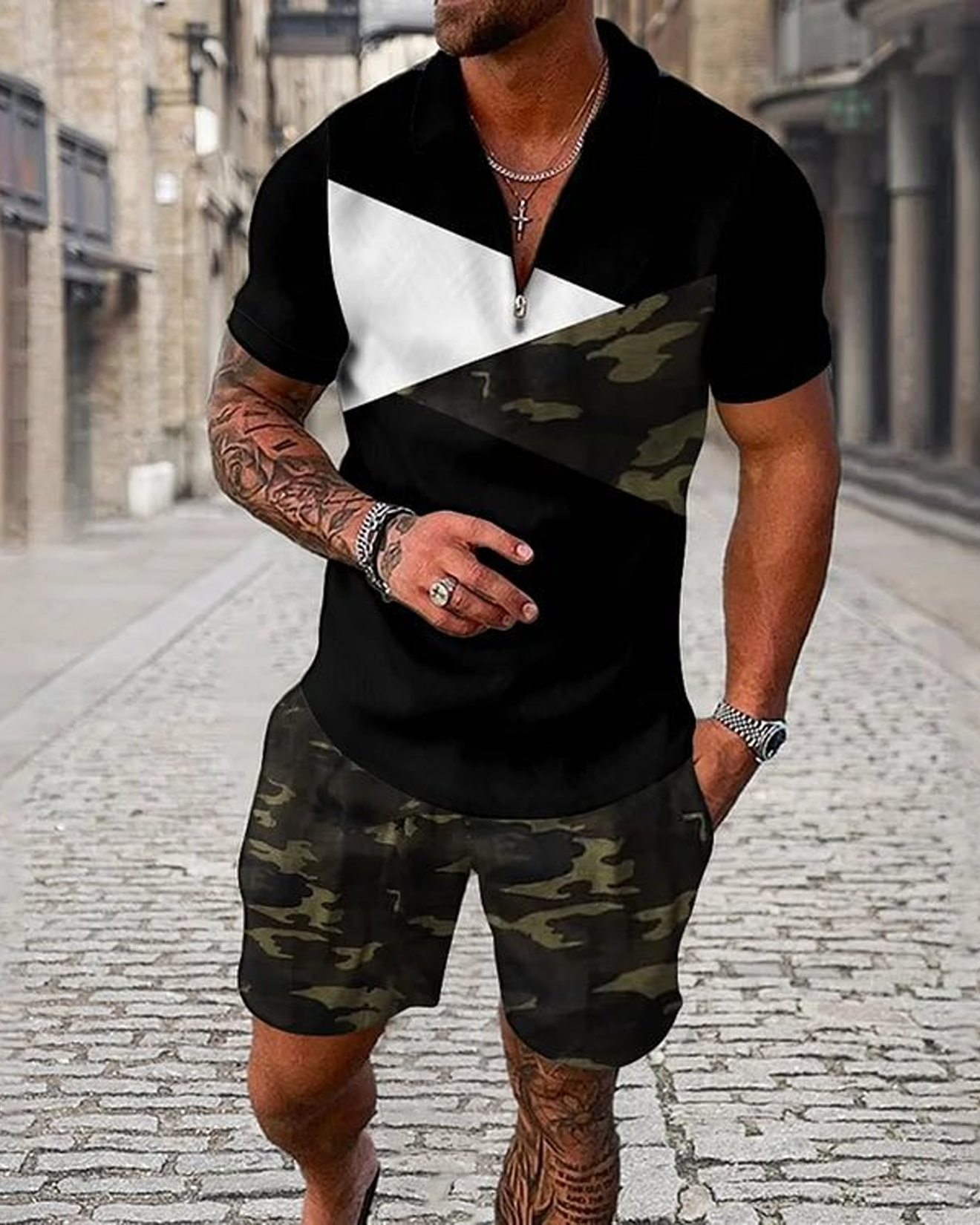 Midnight Camouflage Polo Shirt And Shorts Co-Ord