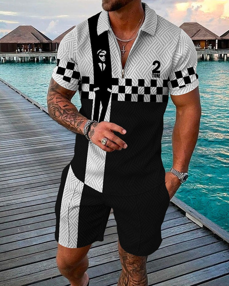 Men's Casual 2 Tone Pattern Printed Polo Suit
